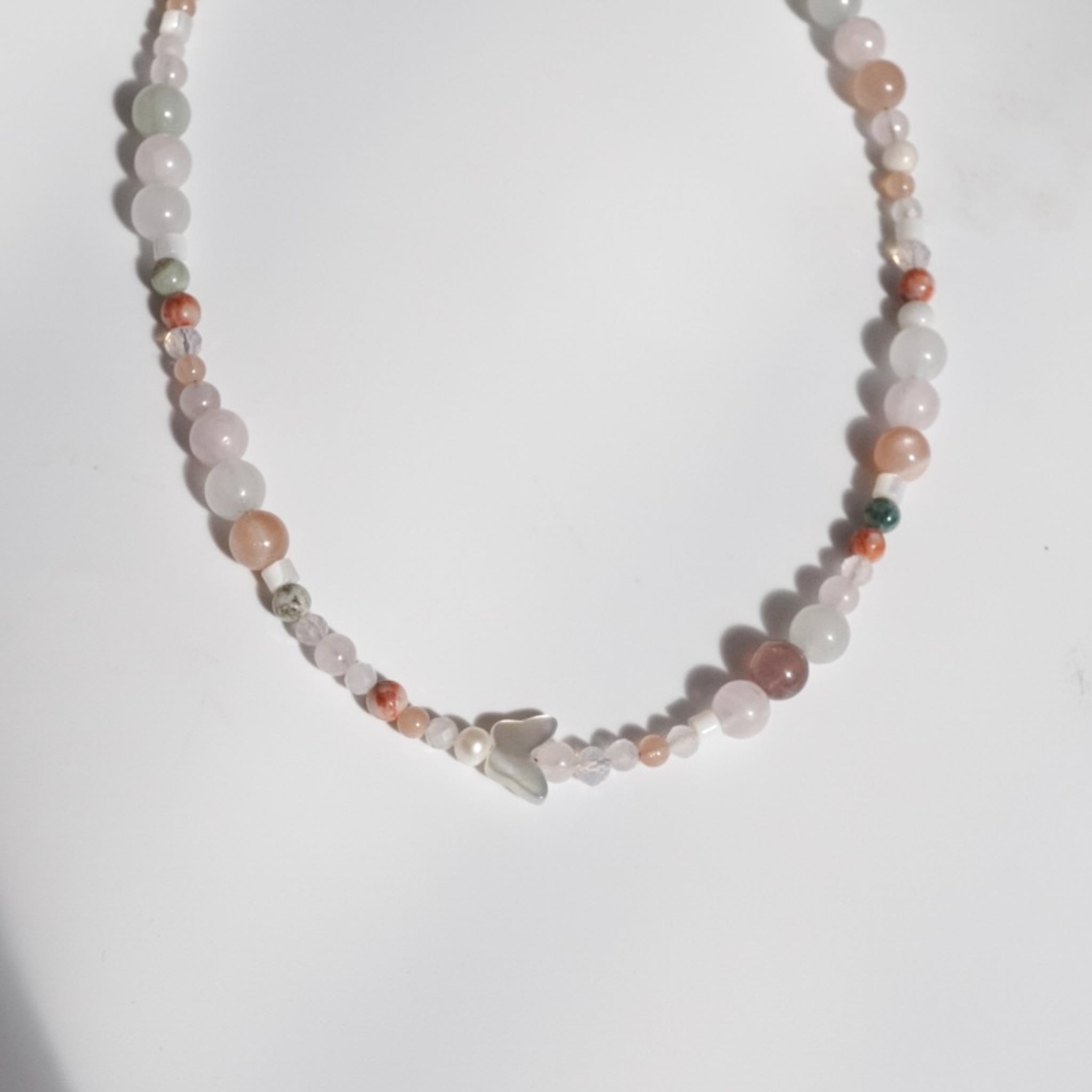 Butterfly peach moonstone and jade necklace
