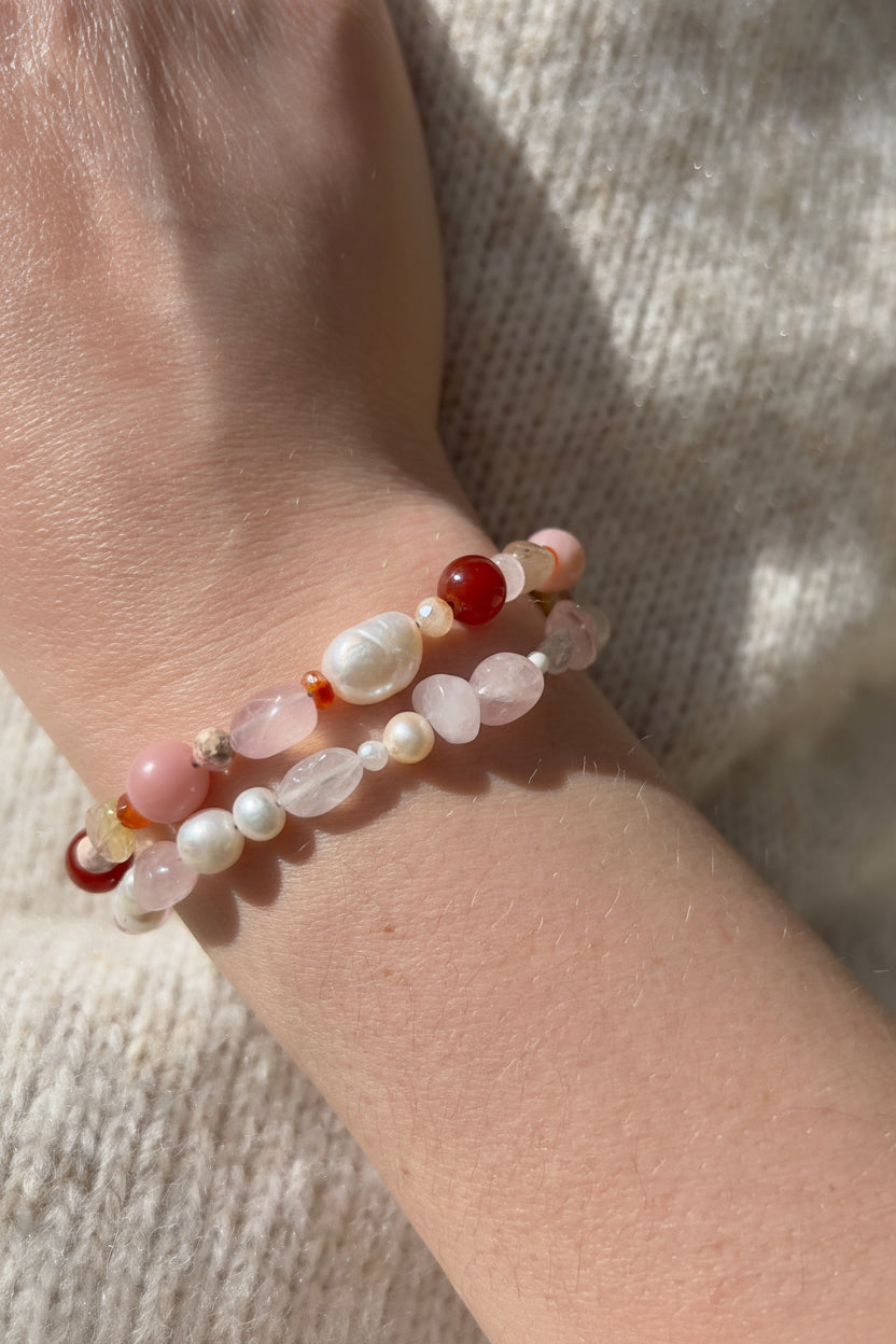 ‘Wild Rose’ Carnelian, Pink Opal, Rose Quartz | Pearl Bracelet