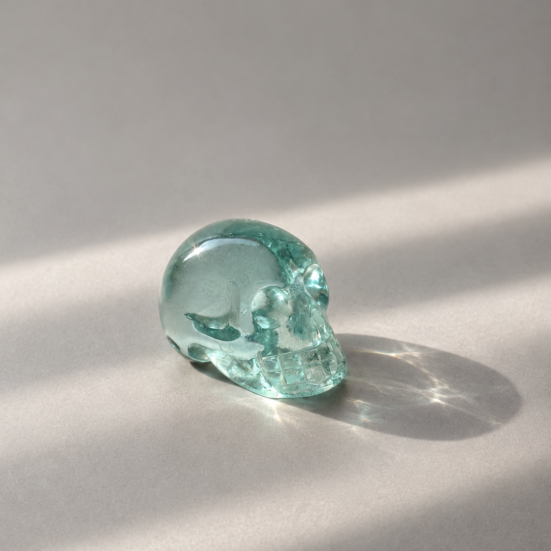 A small translucent blue obsidian skull sculpture on a neutral gray surface, lit by soft diagonal sunlight that casts a shadow.