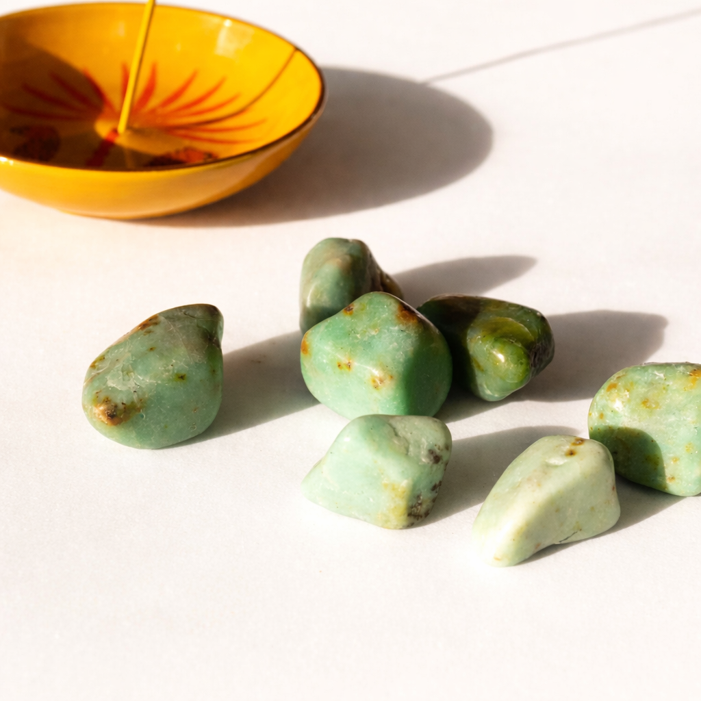 Chrysoprase stones on a white surface with an orange bowl in the background