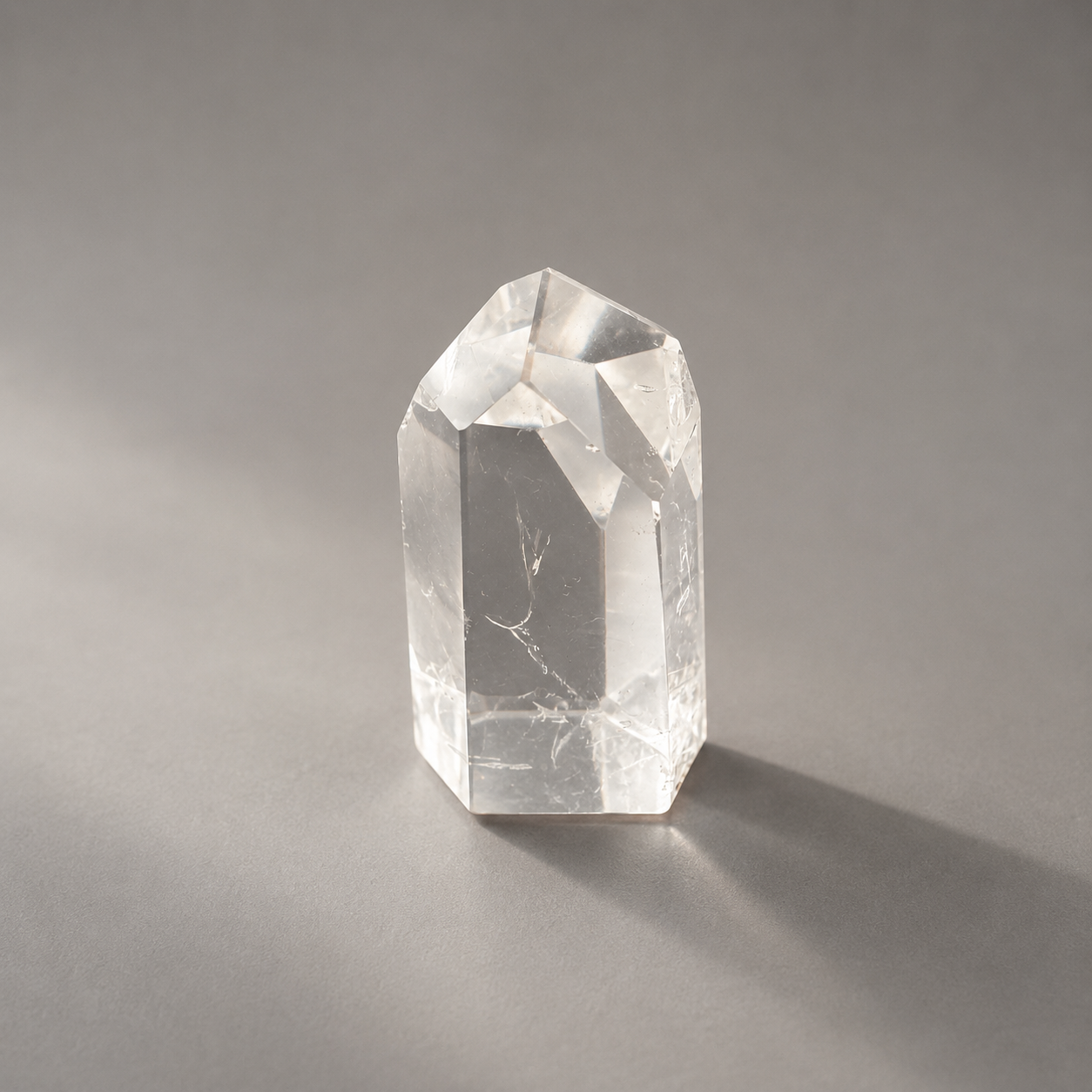A clear faceted crystal tower or point specimen with natural mineral inclusions, photographed on a smooth gray surface with soft shadow.