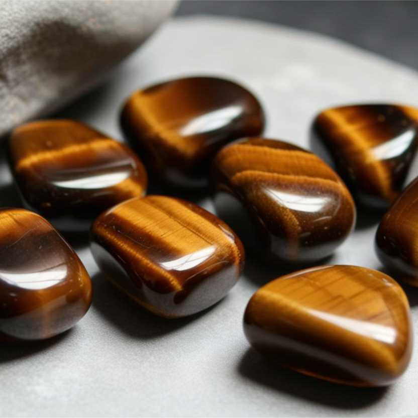 A collection of Tiger's Eye tumbled stones of varying colors and shapes displayed on a surface.