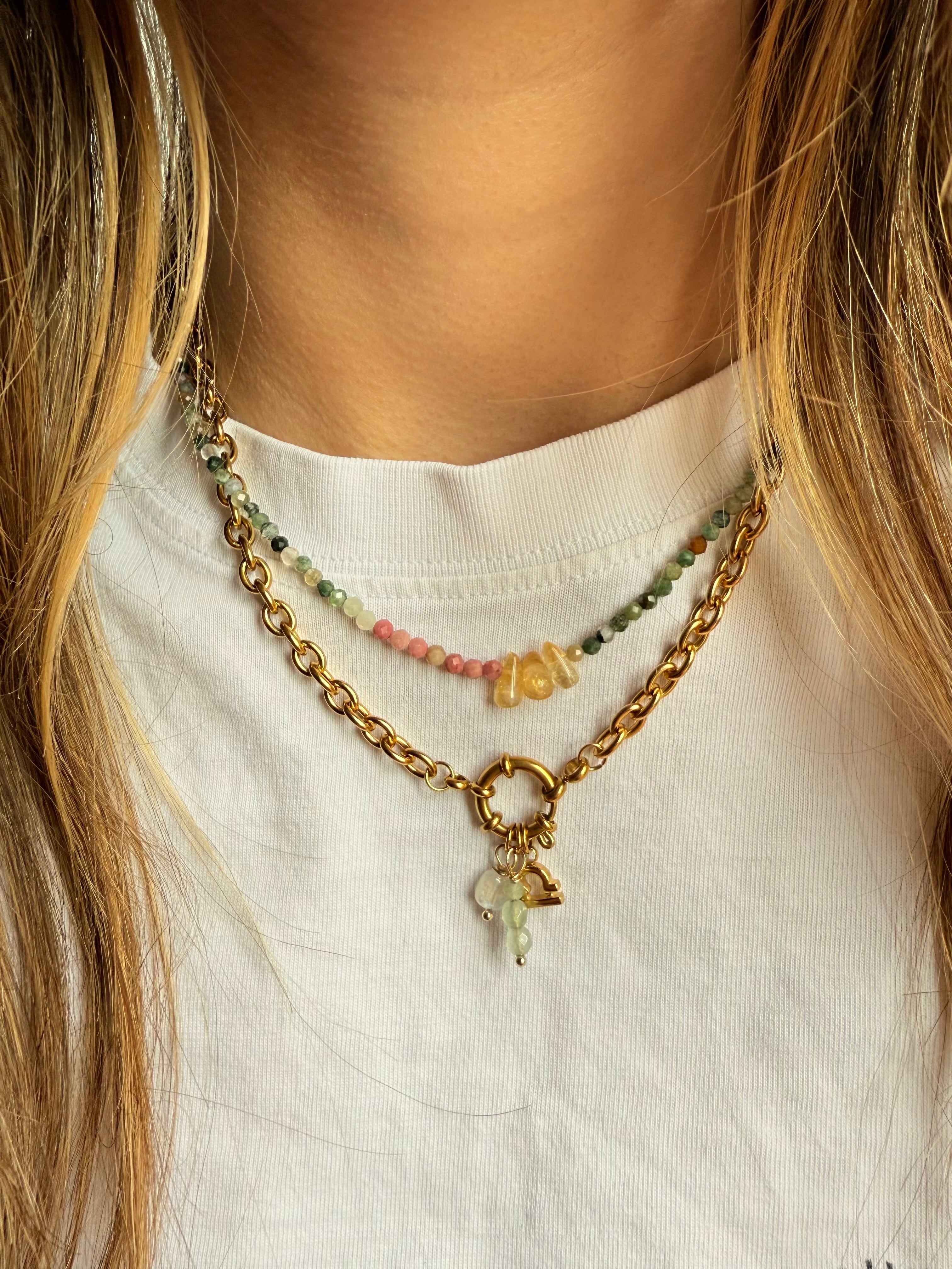 Fortunate One Crystal Beaded Necklace with Citrine, Rhodonite and Green Agate