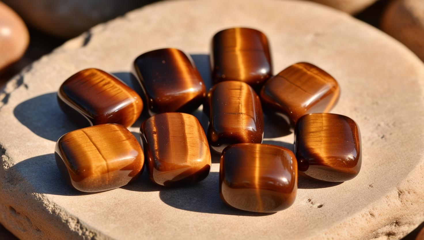 A collection of Tiger's Eye tumbled stones of varying colors and shapes displayed on a surface.