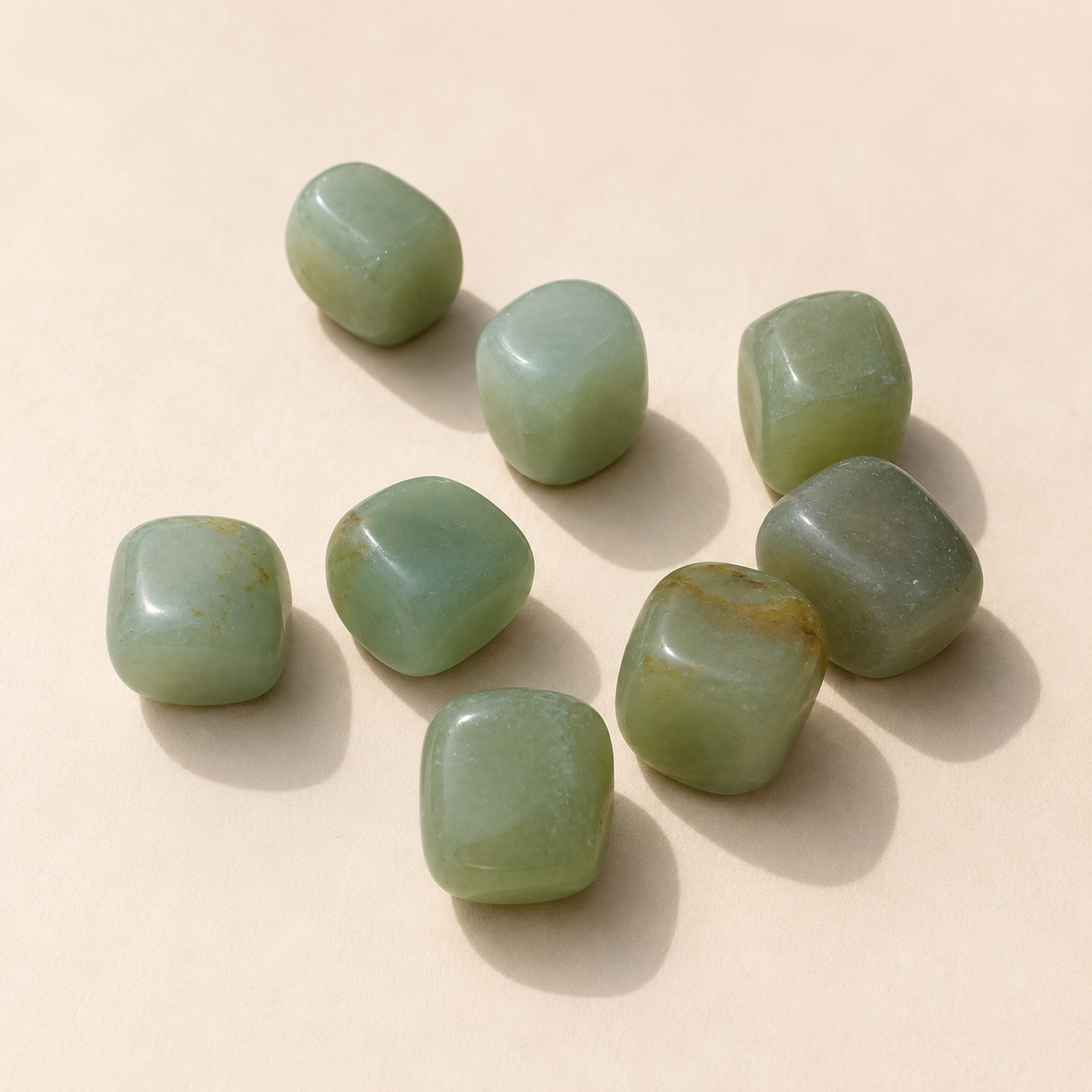 Nine green jade stones arranged on a beige background