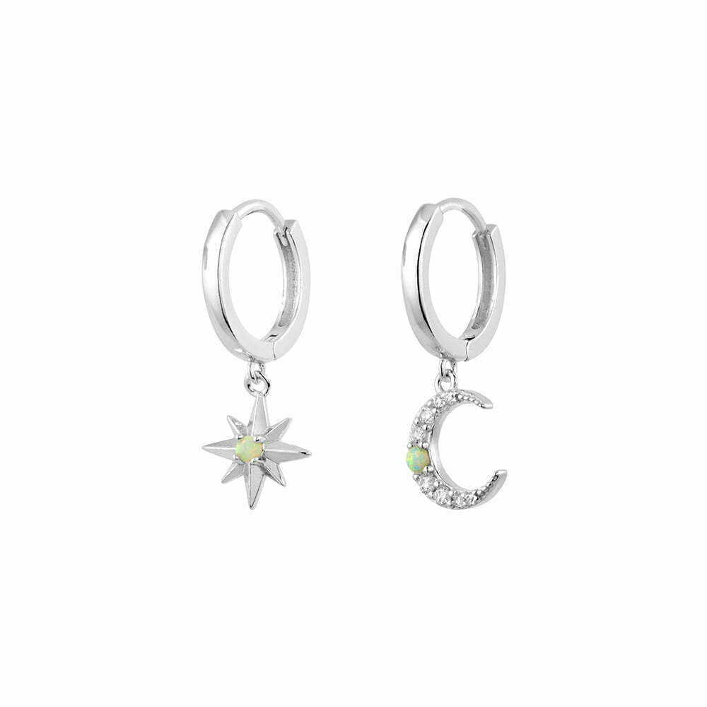 Opal green moon and star hoops in silver