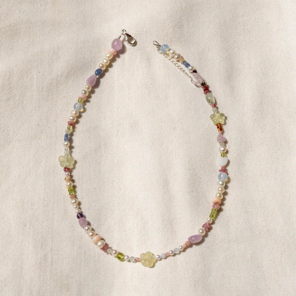 Jade flower necklace in pink and green beads