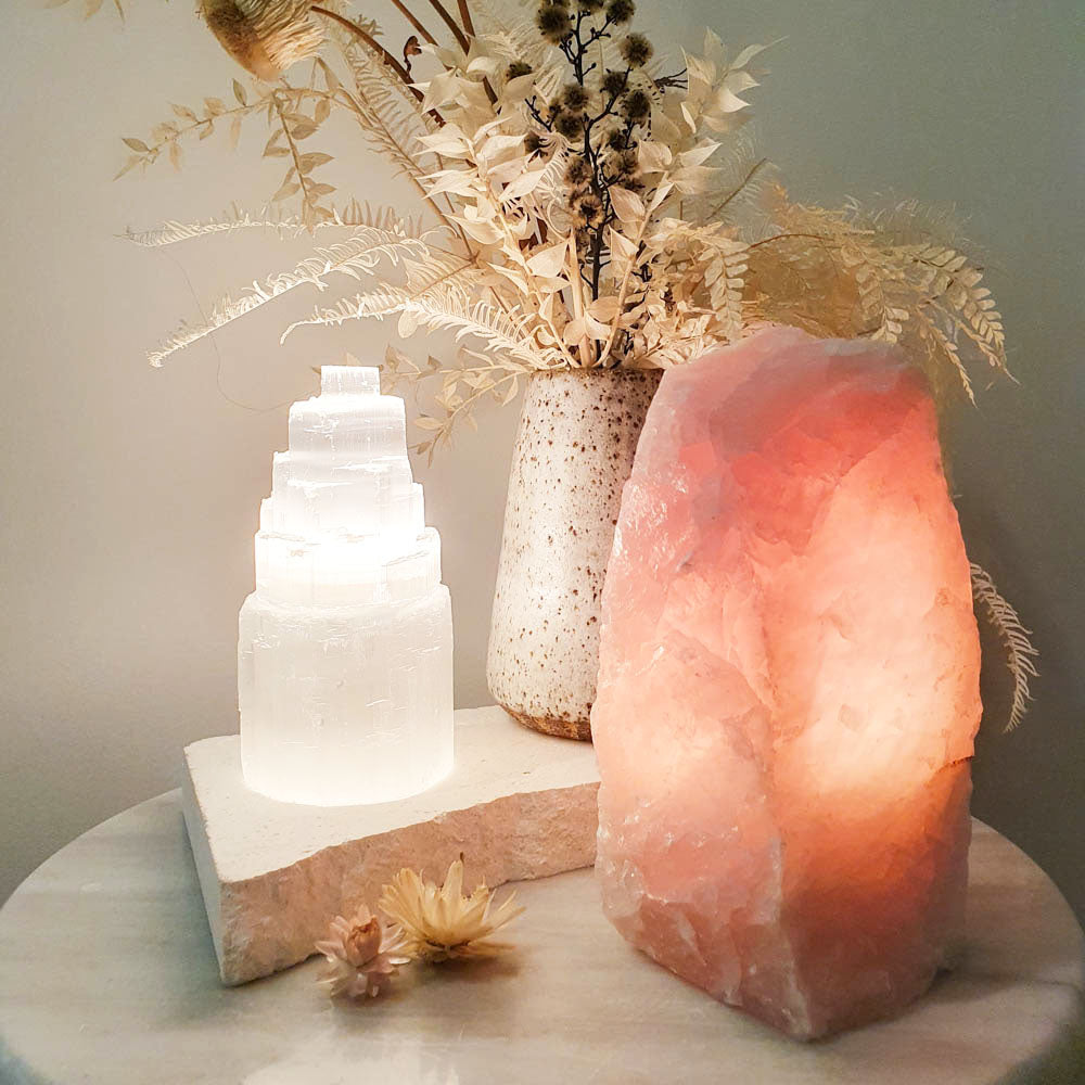 Selenite and Rose Quartz Crystal Lamps