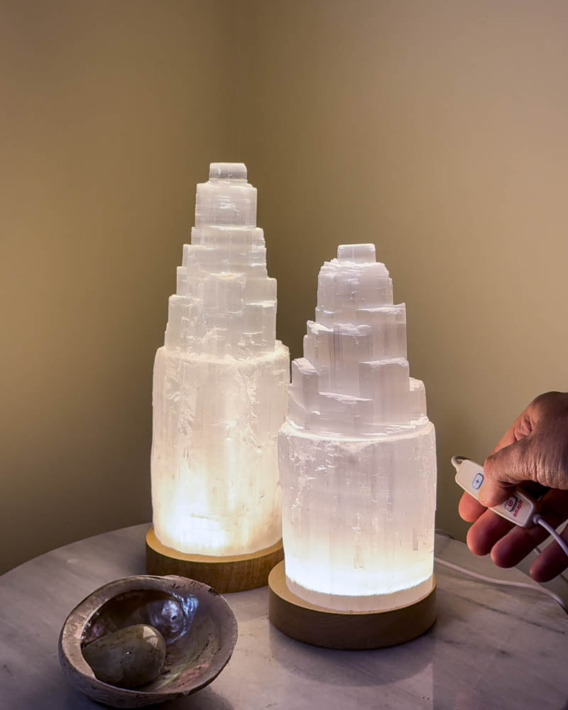 Twin selenite tower lamps with LED base light