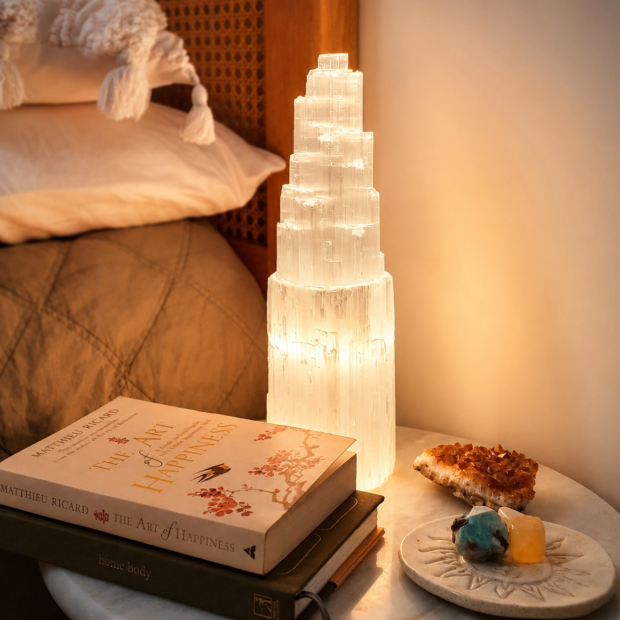 Selenite Tower lamp on side bedroom table
