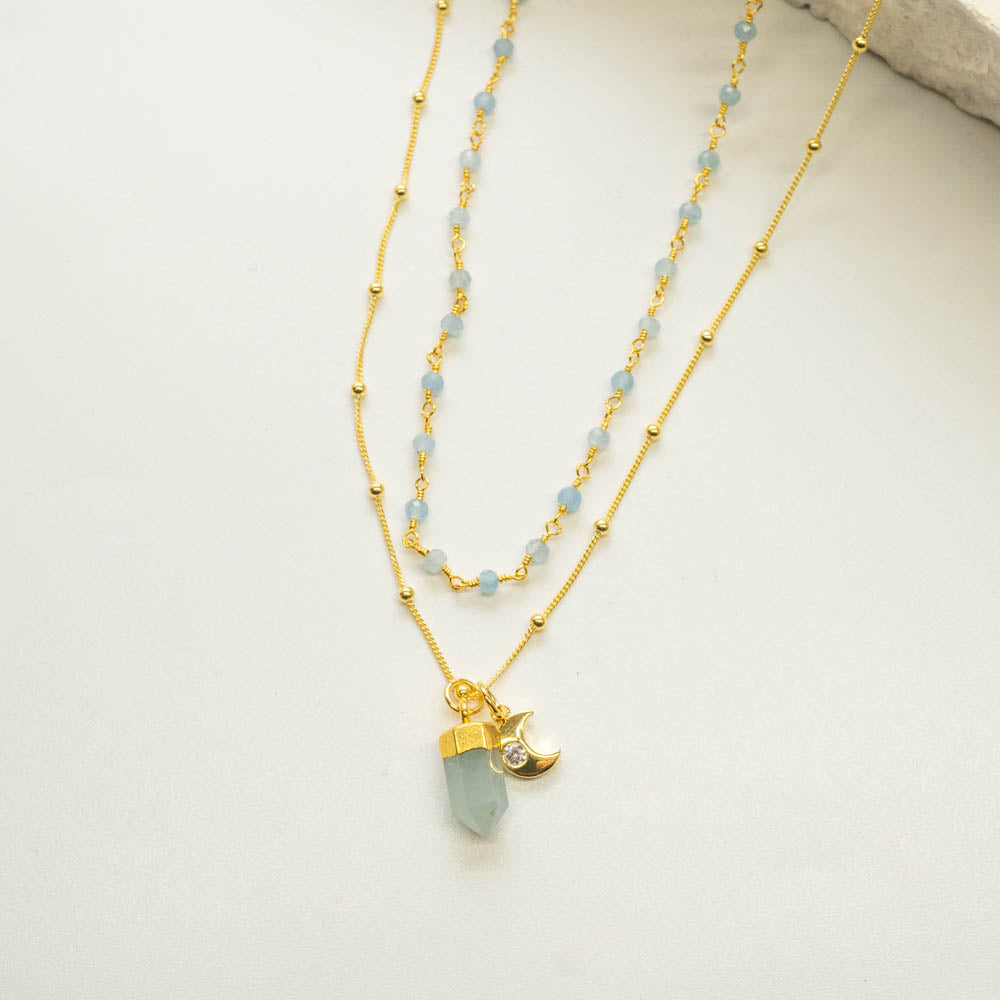 Aquamarine moon necklace with Aquamarine beaded Chain