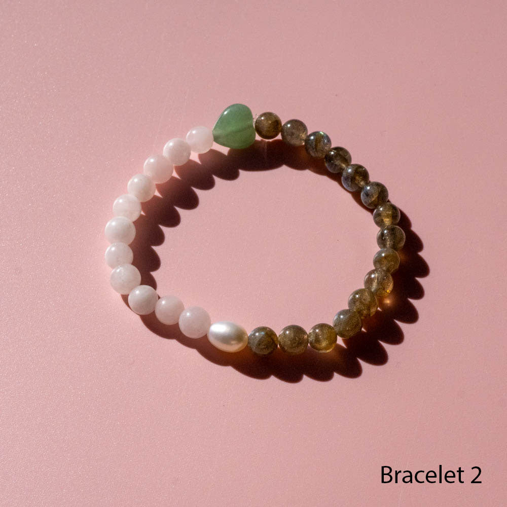 Rose Quartz, Labradorite + Pearl Bracelets set