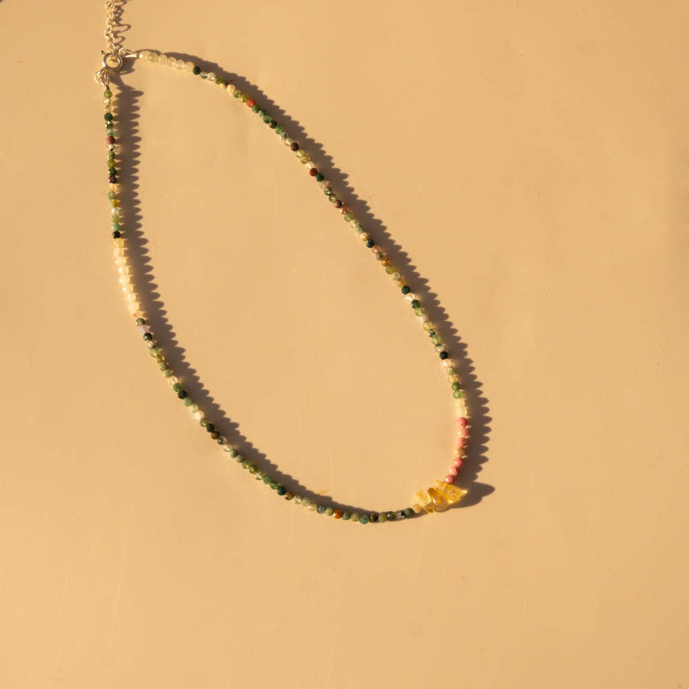 Fortunate One Crystal Beaded Necklace with Citrine, Rhodonite and Green Agate
