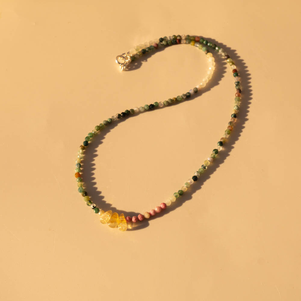 Fortunate One Crystal Beaded Necklace with Citrine, Rhodonite and Green Agate