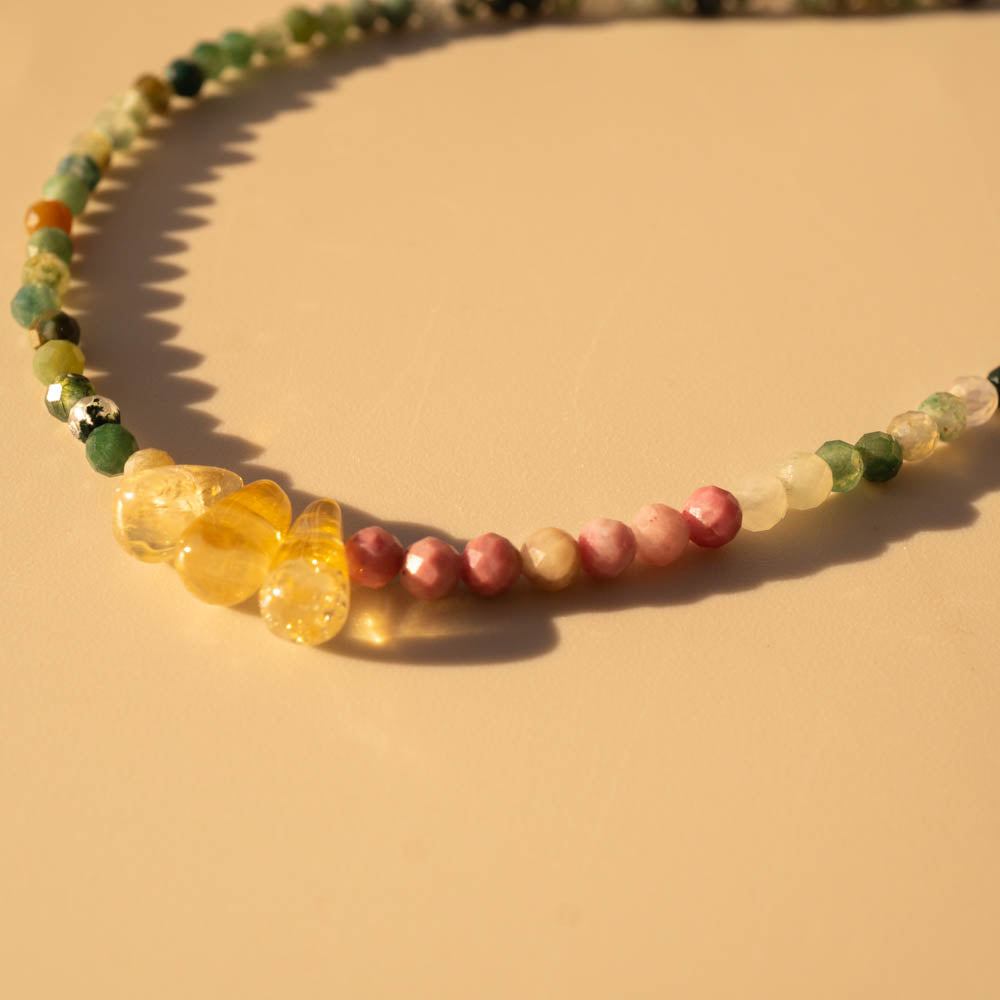 Fortunate One Crystal Beaded Necklace with Citrine, Rhodonite and Green Agate