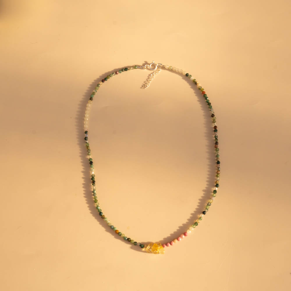 Fortunate One Crystal Beaded Necklace with Citrine, Rhodonite and Green Agate