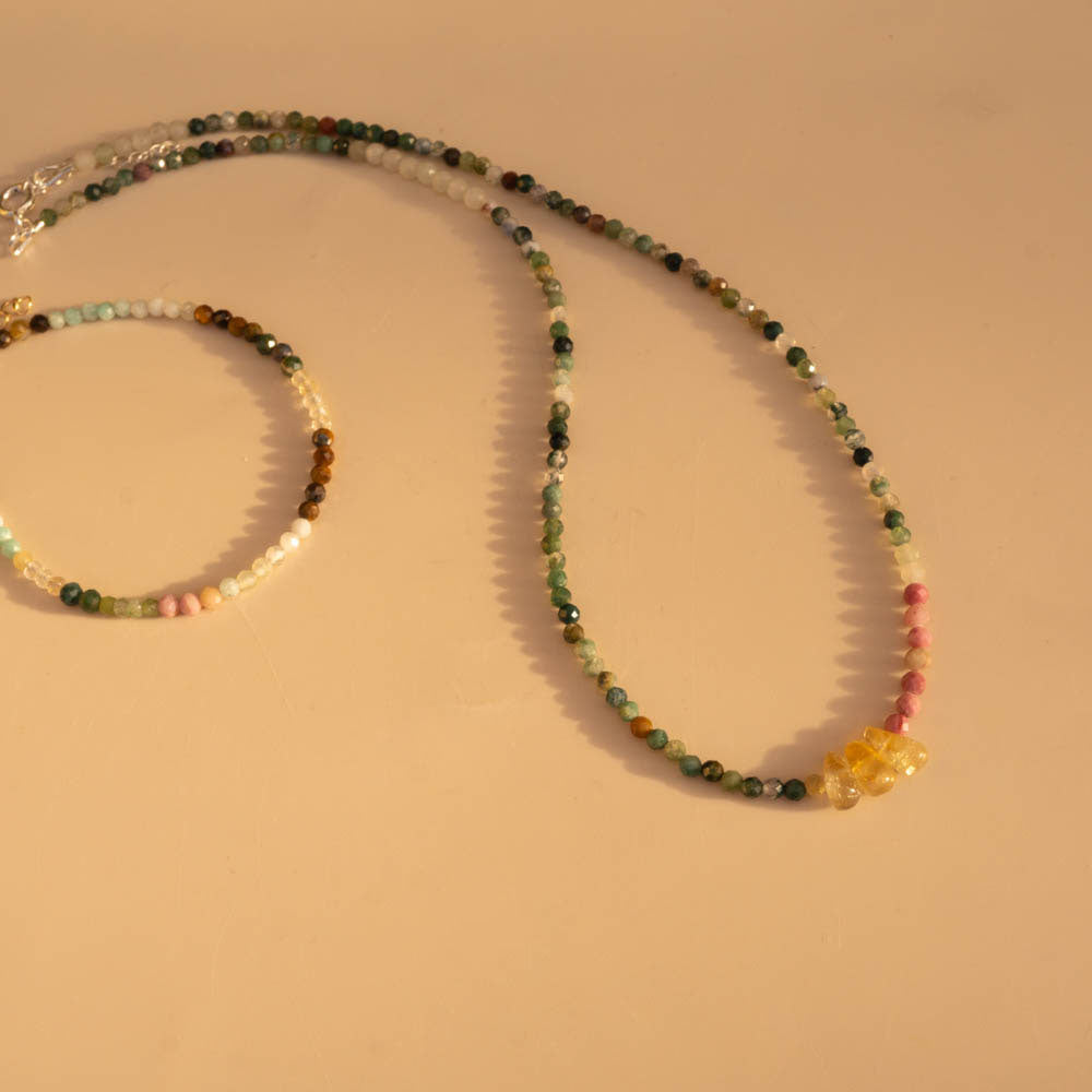Fortunate One Crystal Beaded Necklace with Citrine, Rhodonite and Green Agate