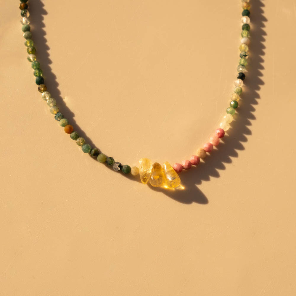Fortunate One Crystal Beaded Necklace with Citrine, Rhodonite and Green Agate