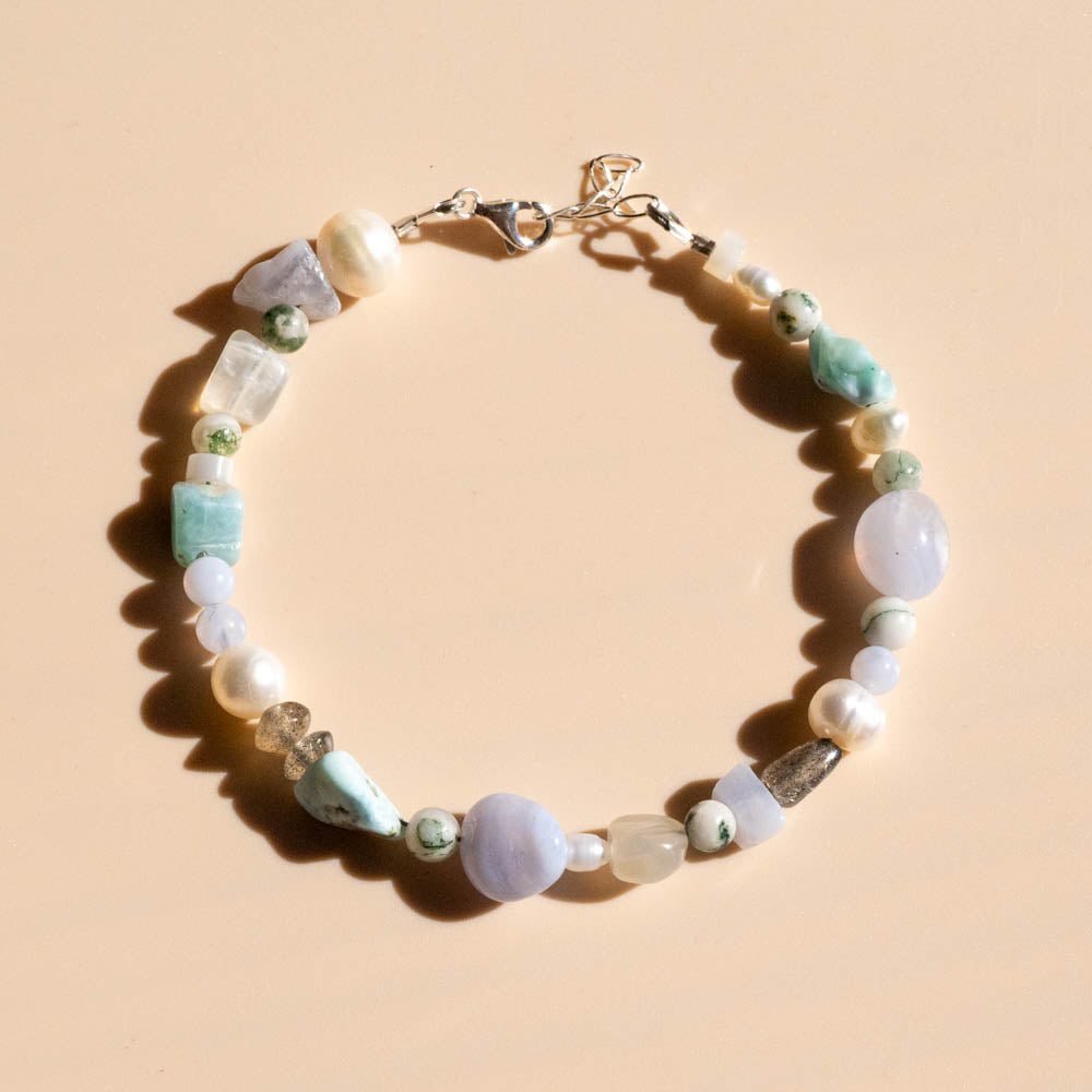 blue lace, Larimar, pearl beaded bracelet