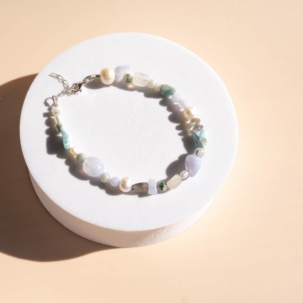 blue lace, Larimar, pearl beaded bracelet