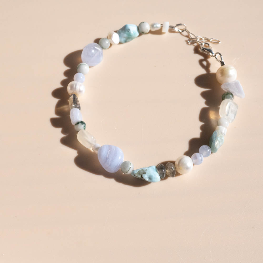 blue lace, Larimar, pearl beaded bracelet