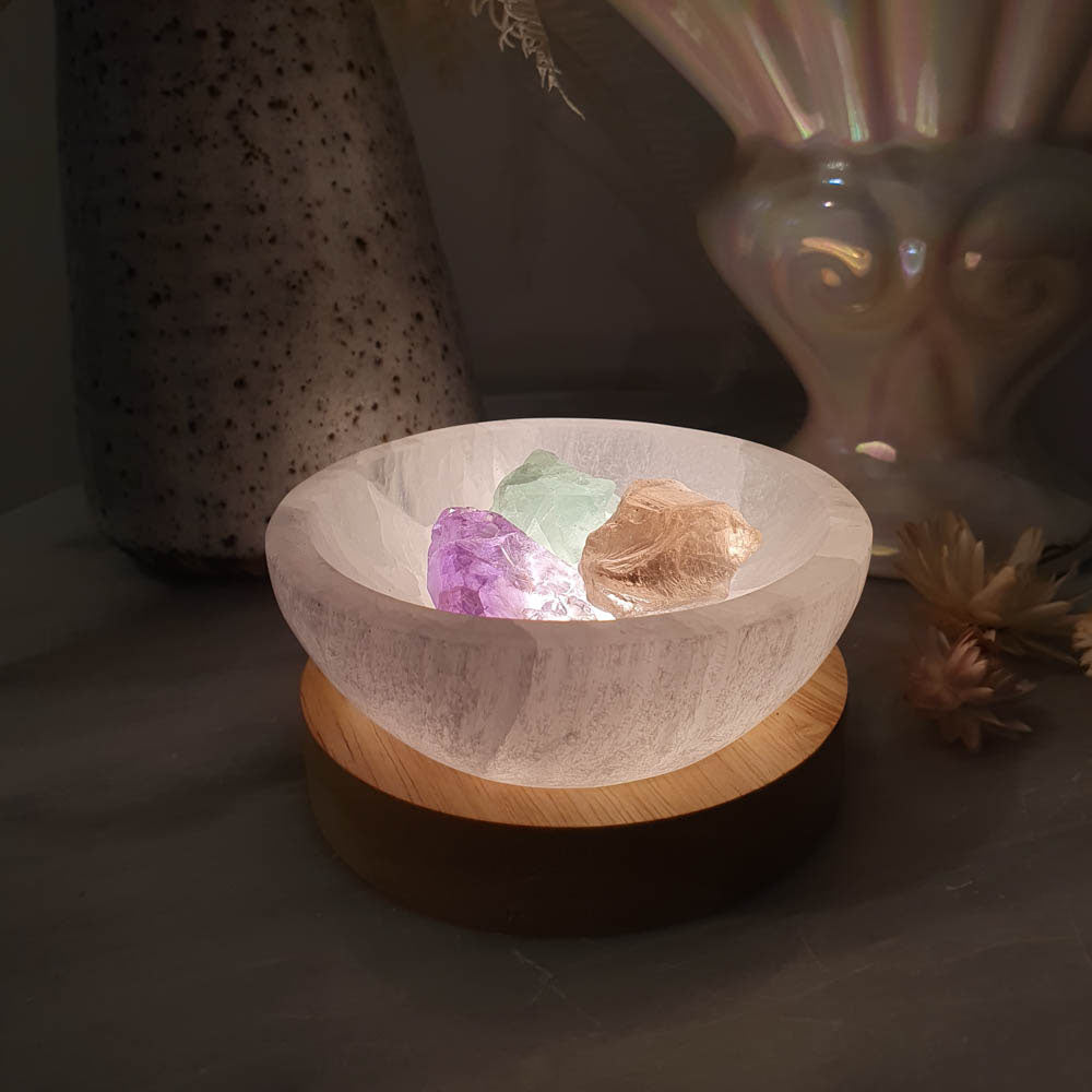 Illuminating Selenite Bowl with Crystal Roughs