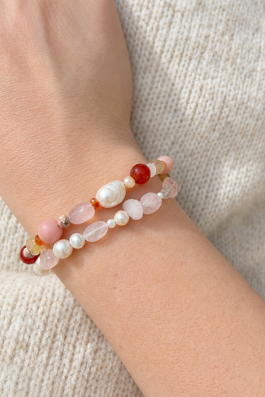 ‘Wild Rose’ Carnelian, Pink Opal, Rose Quartz | Pearl Bracelet