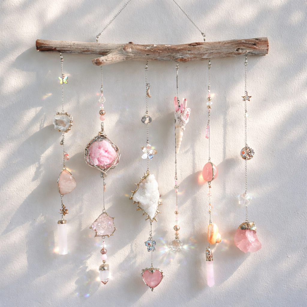 Decorative hanging mobile with pink stones and crystals on a white background
