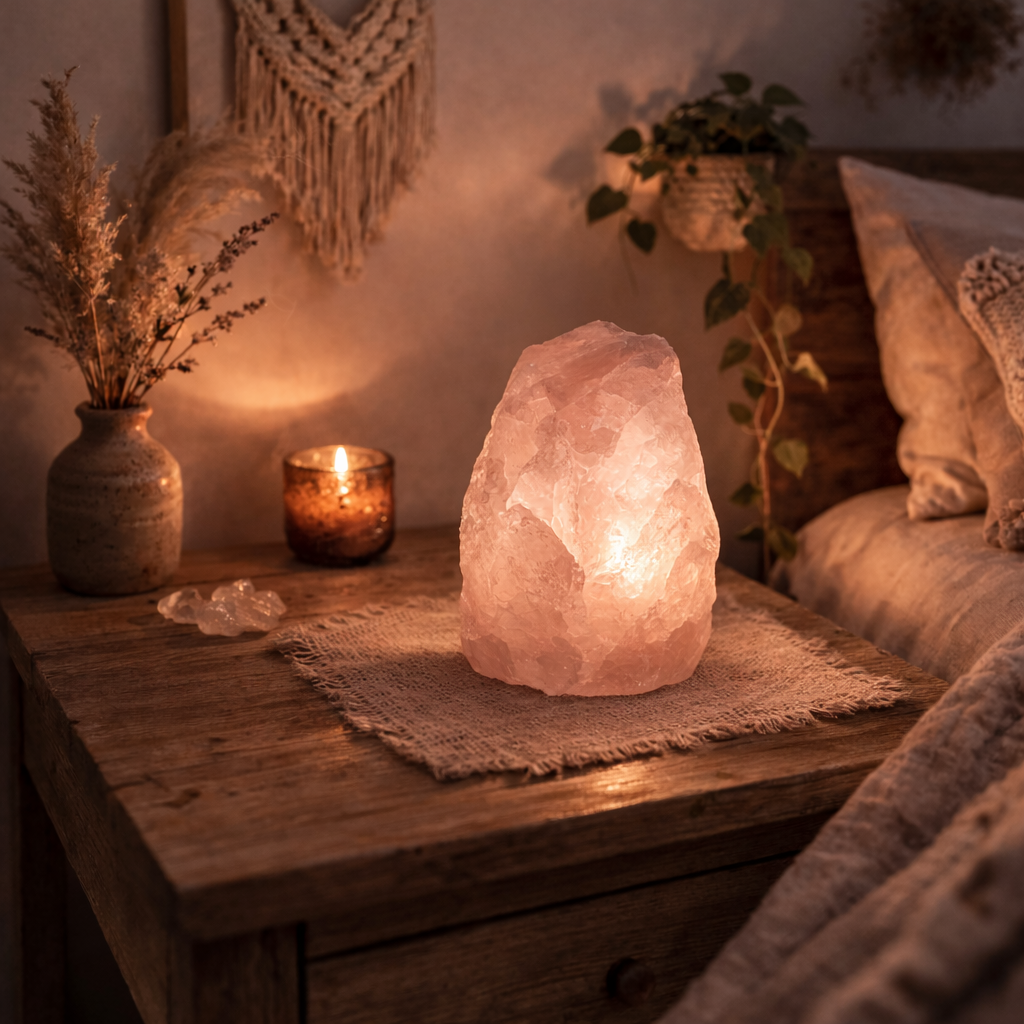 Rose Quartz lamp on a wooden surface with decorative items in a cozy room.