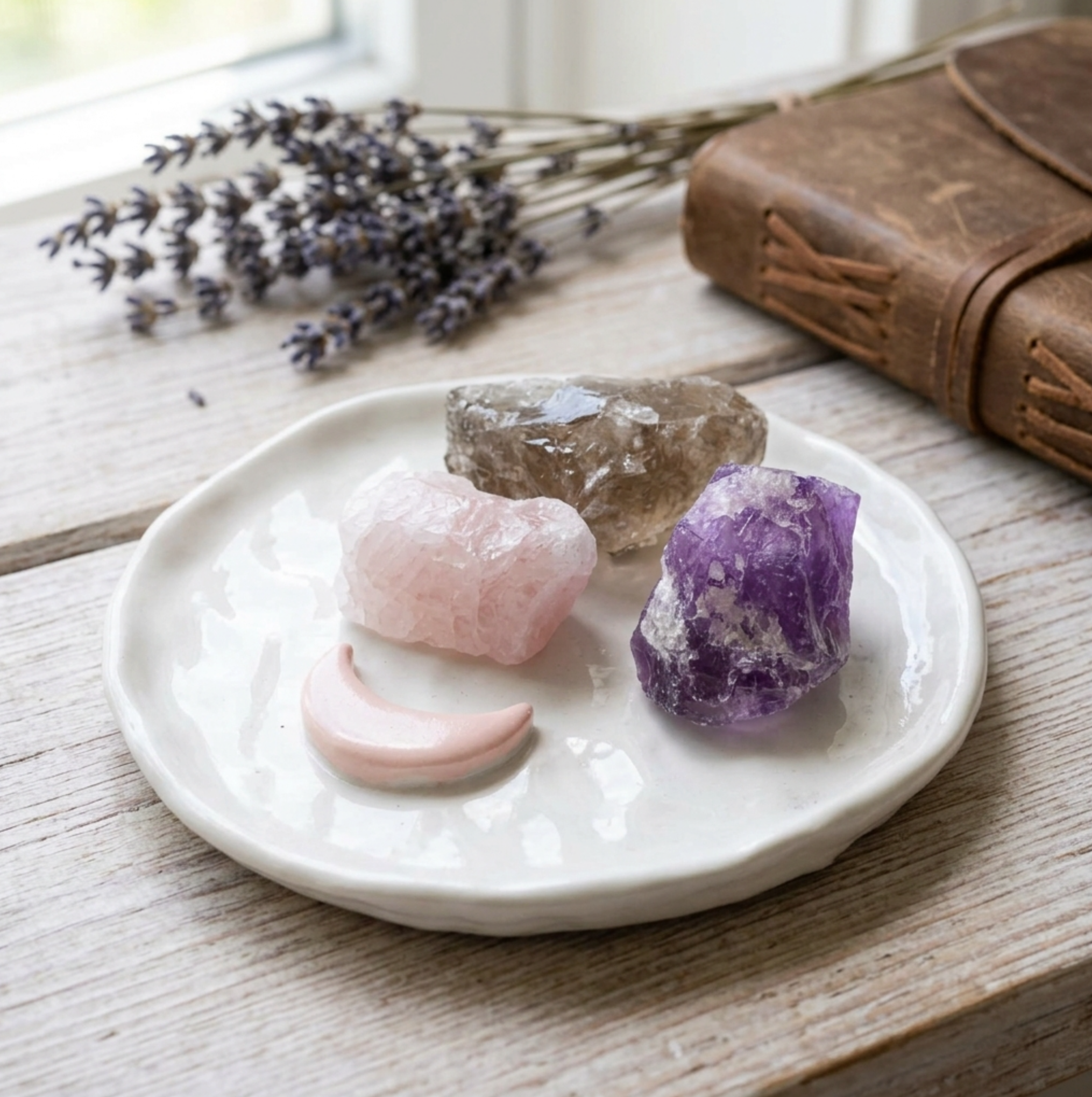 Rose Quartz, Smoky Quartz and Amethyst crystal stones on a white plate with lavender and a leather pouch on a wooden surface