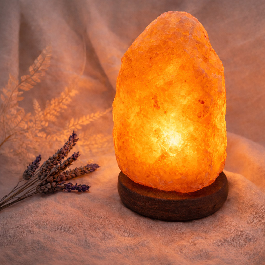Decorative salt lamp with wooden base on a soft fabric background