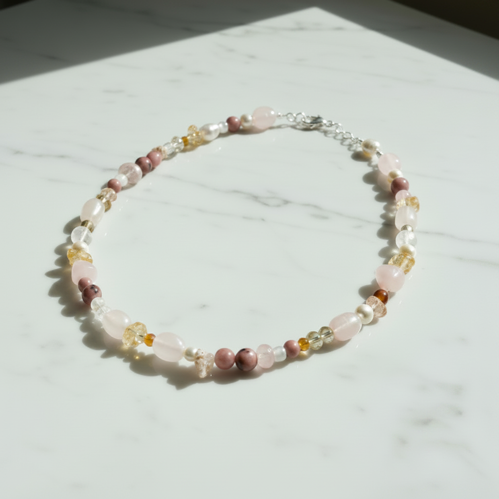 Pink moon beaded necklace on marble table