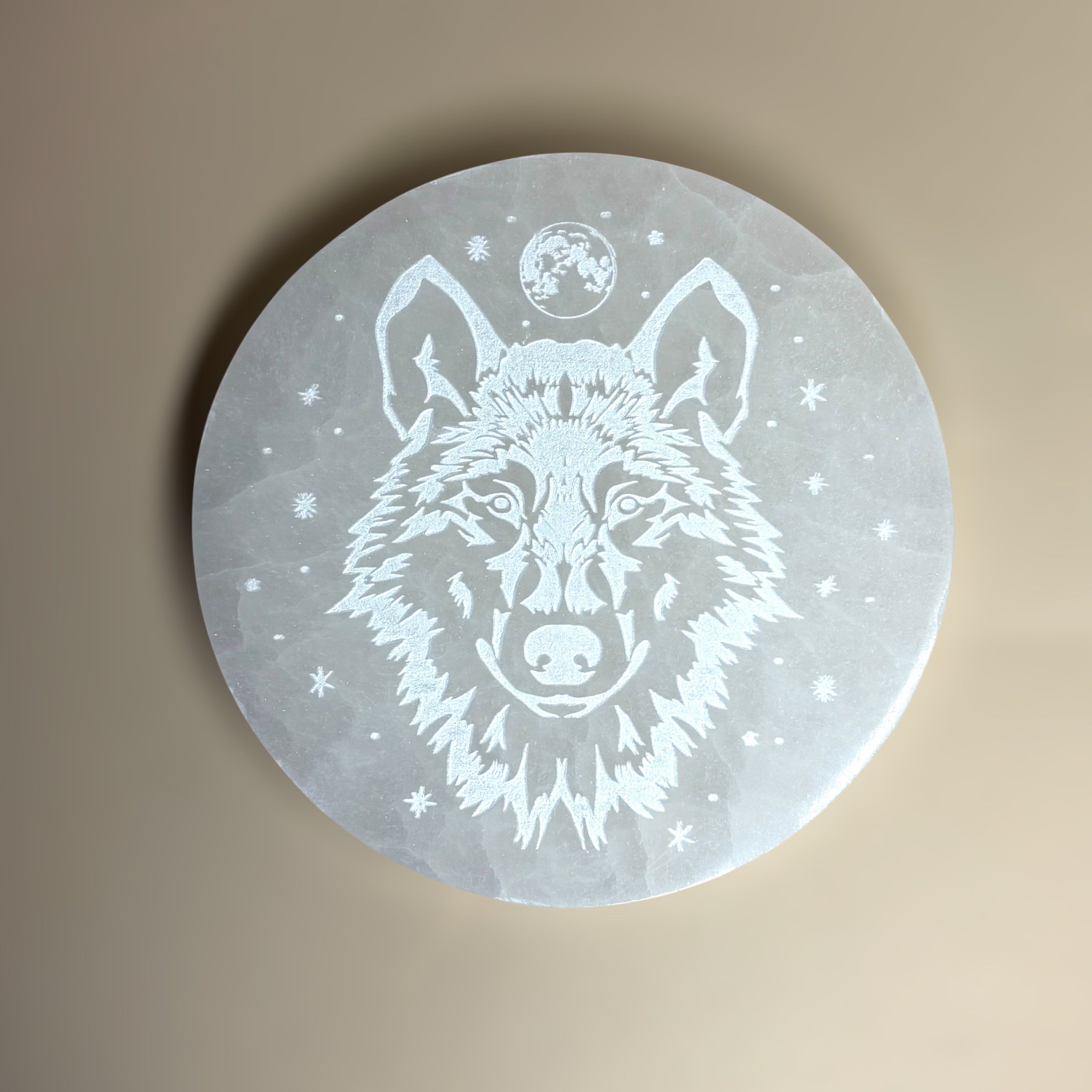 Selenite Charging Plate Etched Wolf