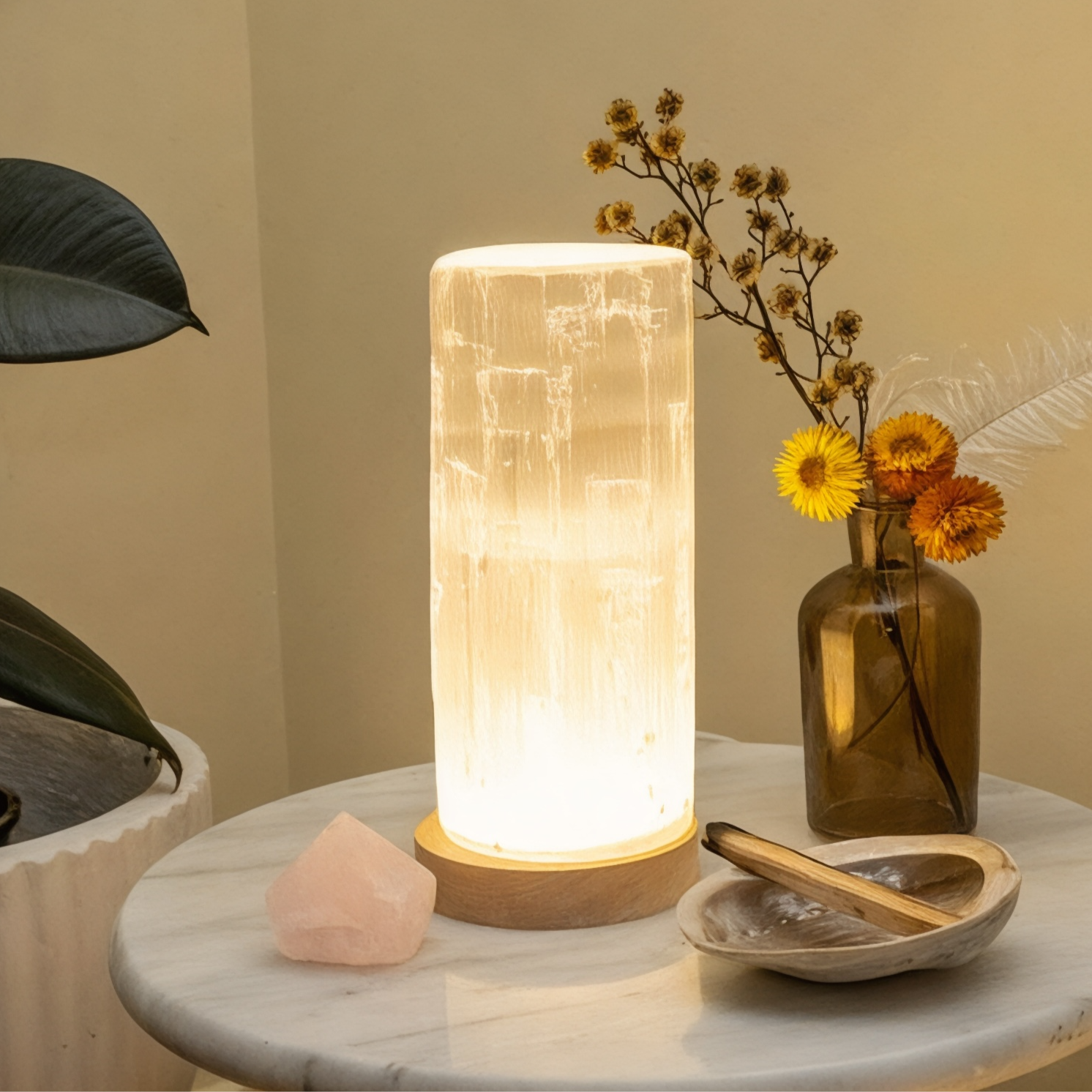 Selenite Cylinder Tower Lamp