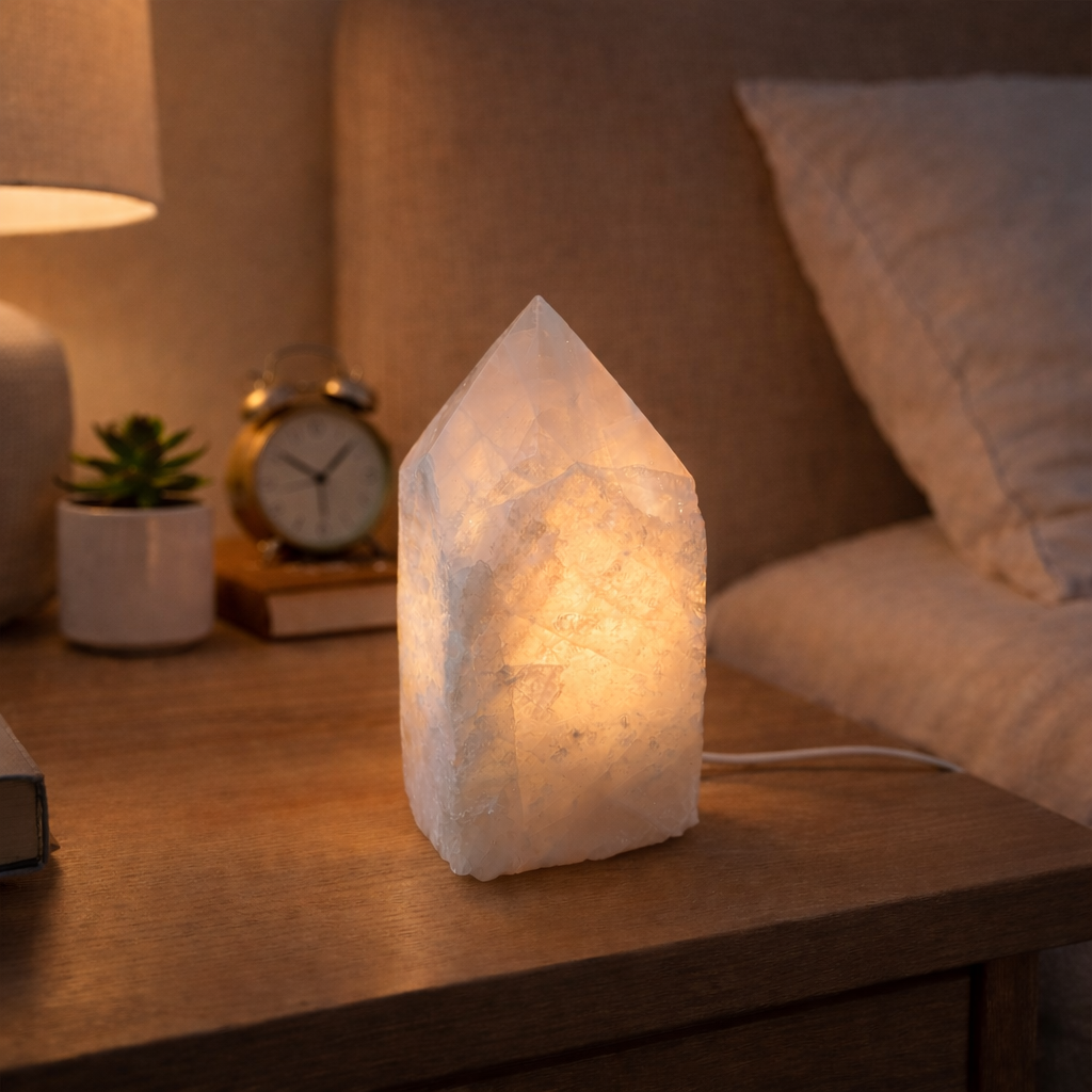 White quartz crystal lamp on a bedside table with soft lighting