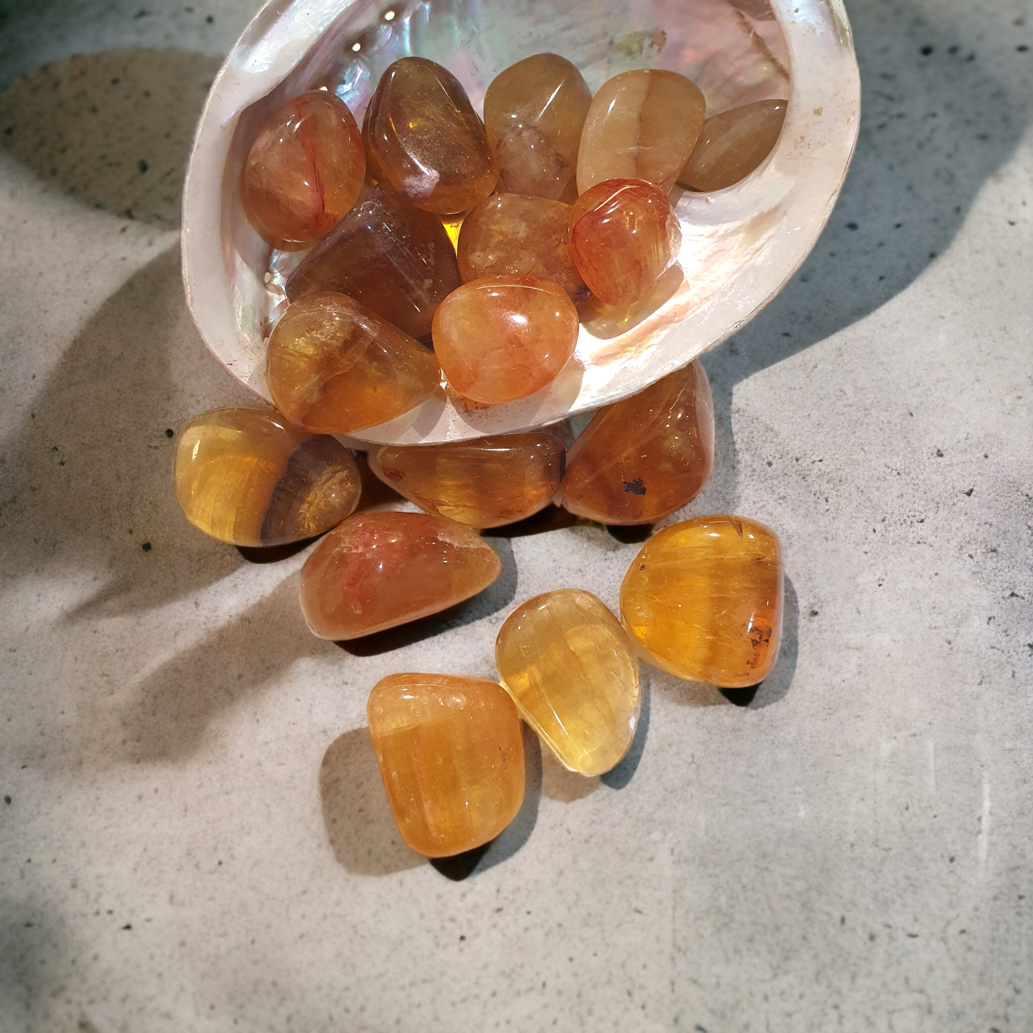 yellow fluorite crystal tumbled stone