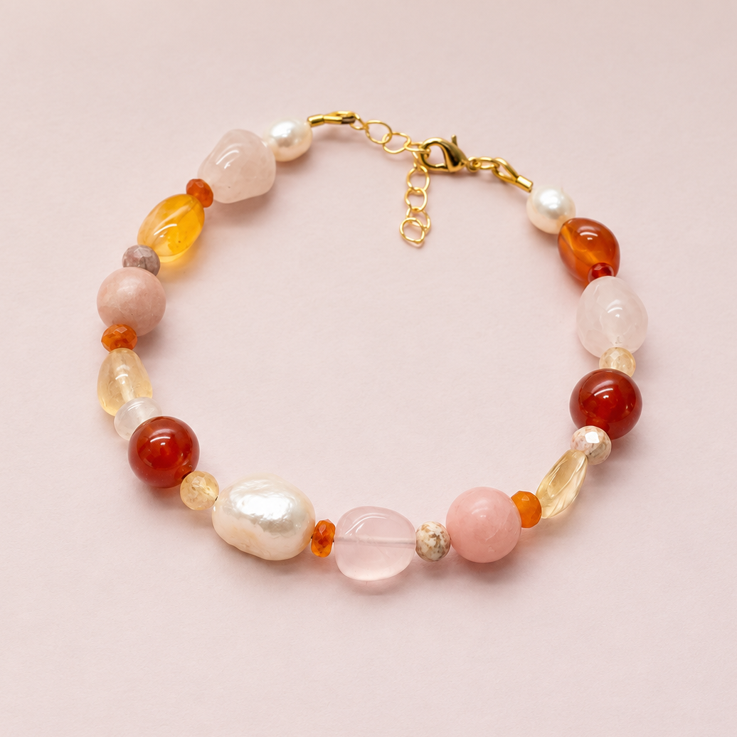 ‘Wild Rose’ Carnelian, Pink Opal, Rose Quartz | Pearl Bracelet
