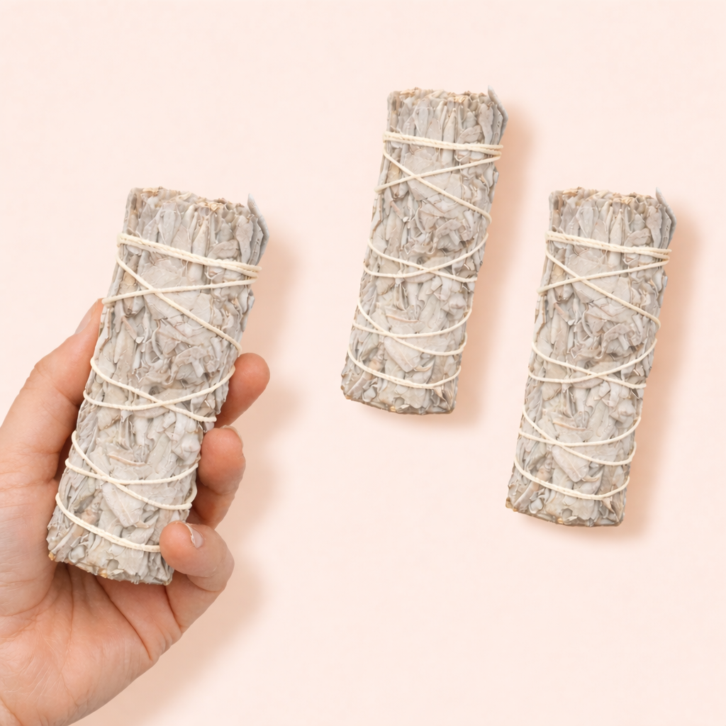Three smudge sticks wrapped with white string, one held by a hand against a beige background.
