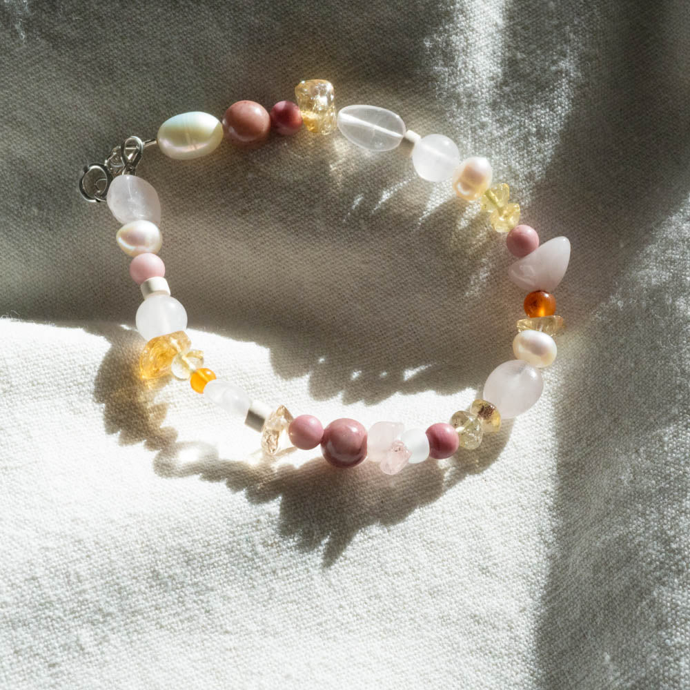 'Pink Moon' Rose Quartz, Citrine Rhodonite Beaded Bracelet