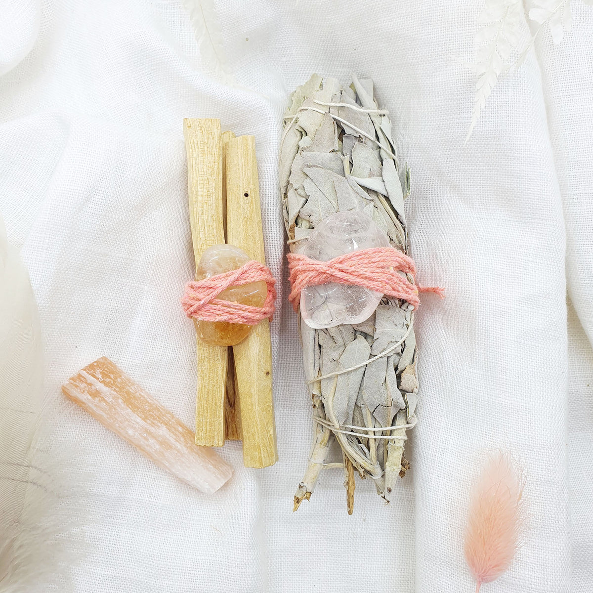 White Sage Smudge Kit With Palo Santo and Selenite Stick for