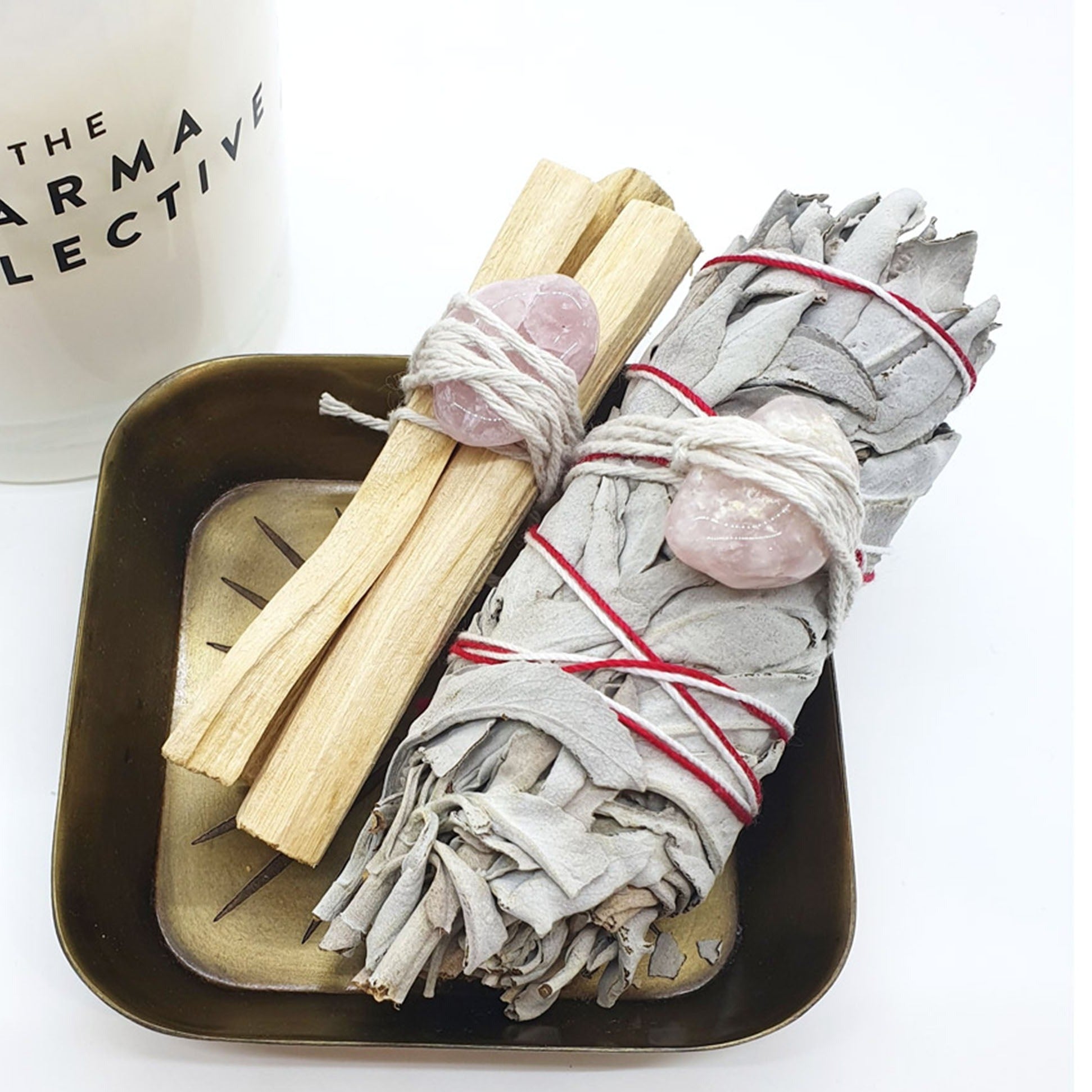 white sage and palo santo with rose quartz smudge kit