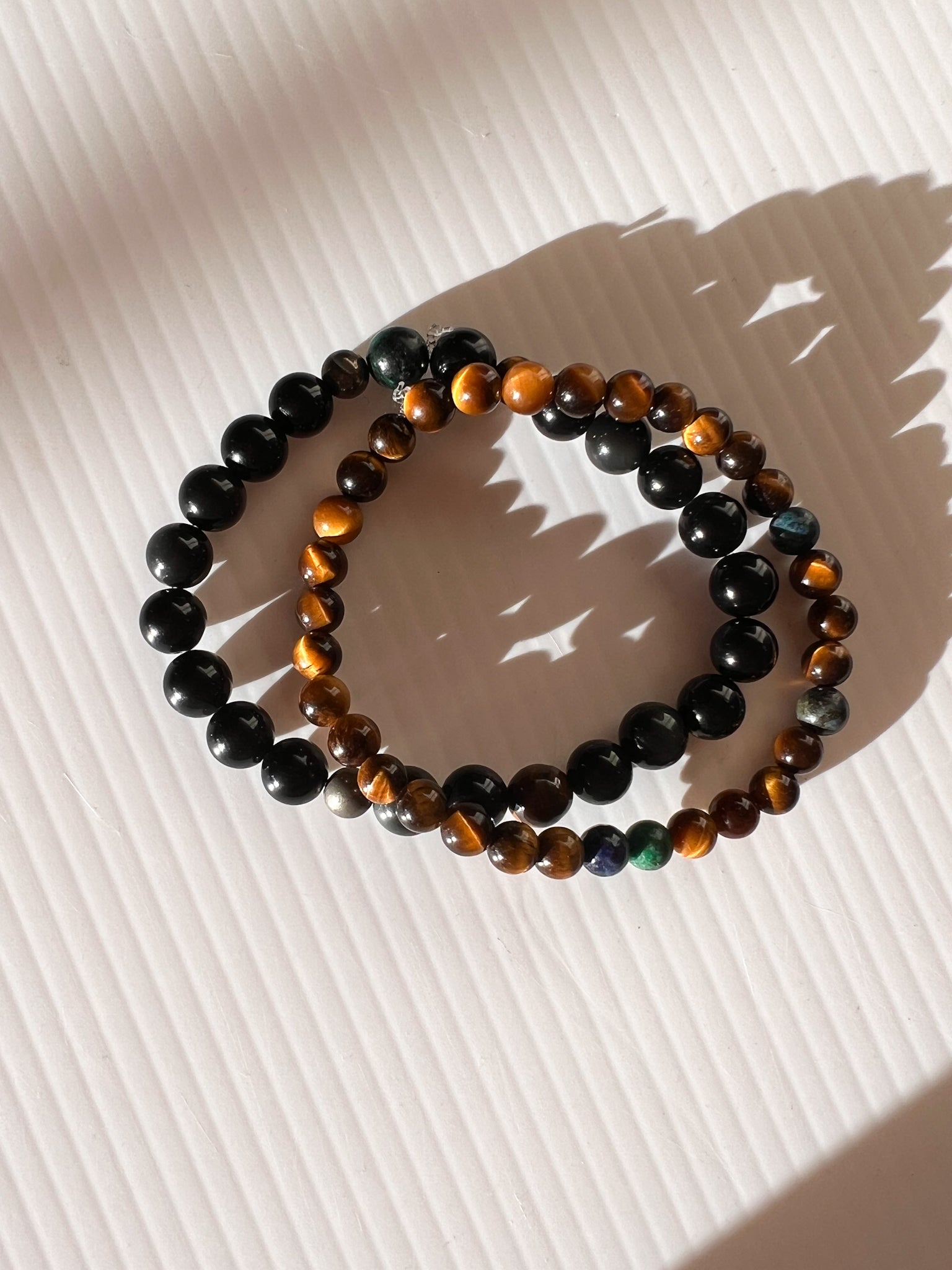 Tigers eye and chrysocolla protection beaded bracelet with onyx and pyrite grounded bracelet 