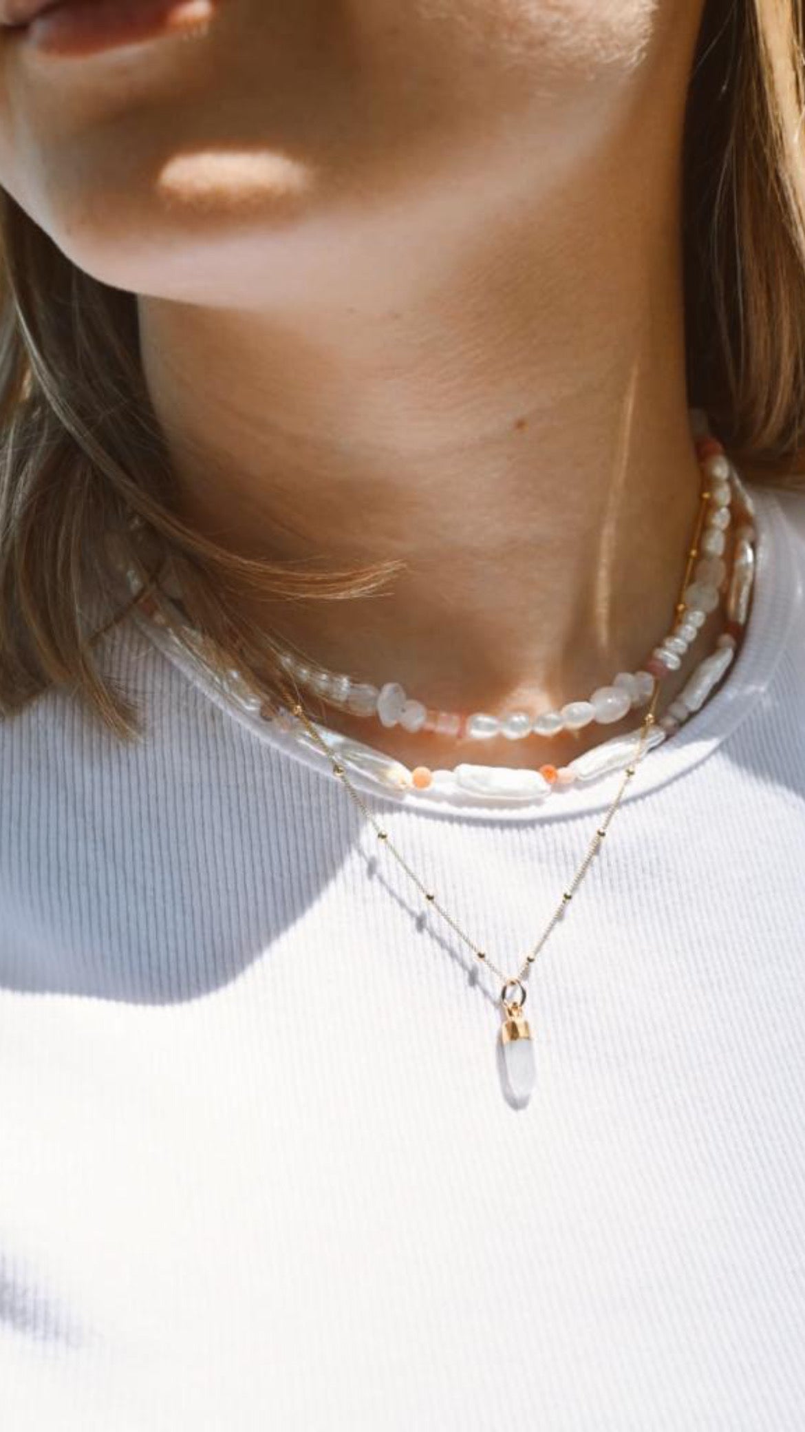 moonstone necklace layered with pearls 