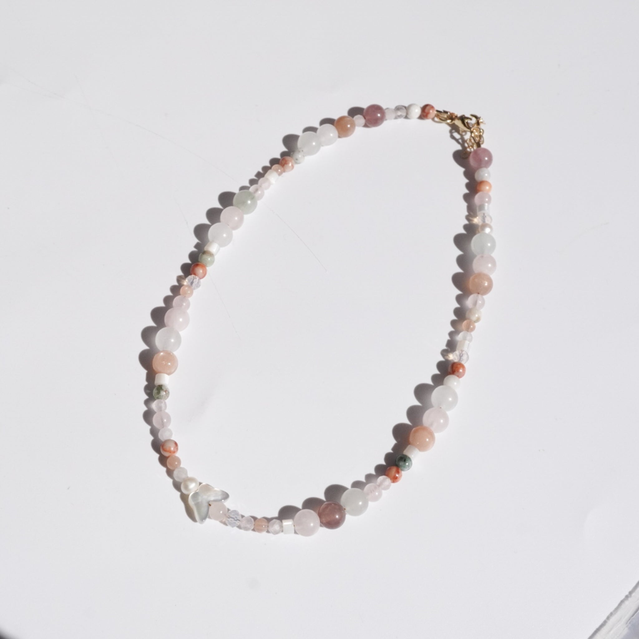 Butterfly peach moonstone and jade necklace