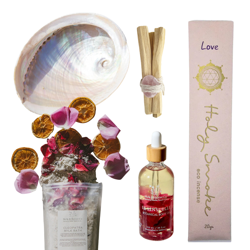 Collection of mother's day self-care products on white background