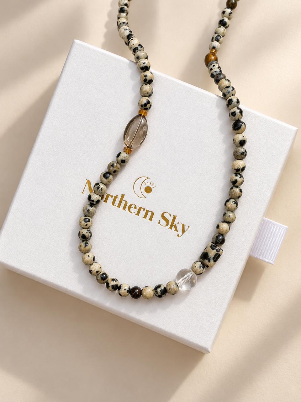 ‘New Dawn’ Dalmatian Jasper, Quartz Beaded Necklace