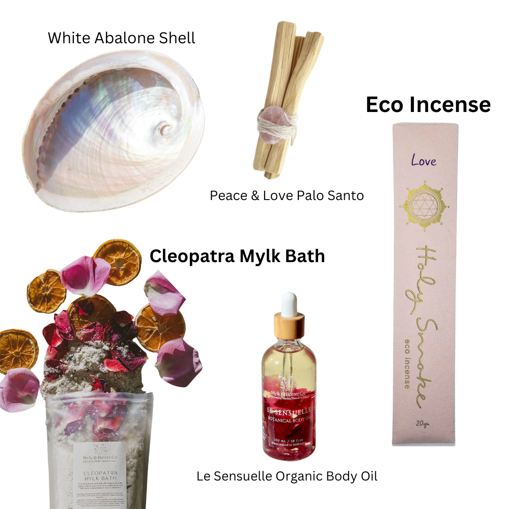 Collection of mother's day self-care products on white background
