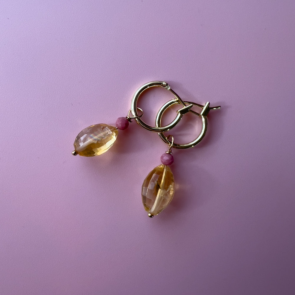 Citrine and rhodonite gold hoops