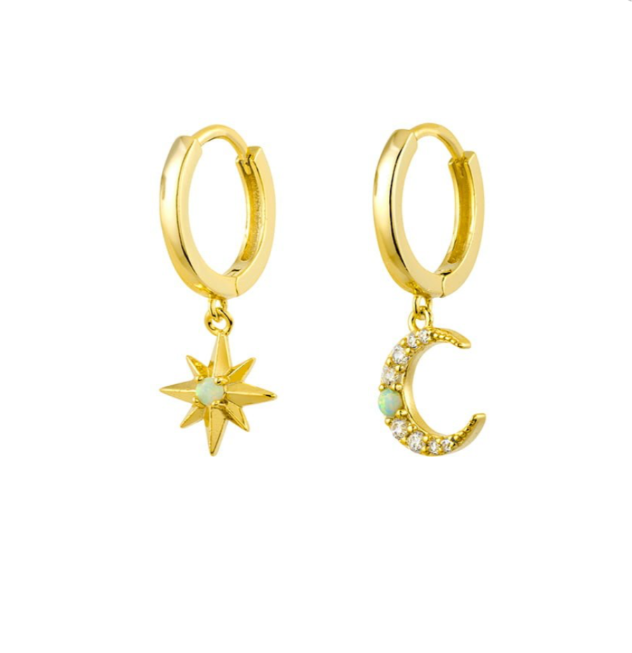 Opal moon and star gold huggies