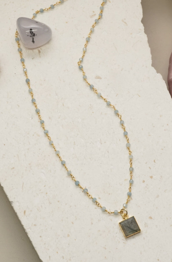 Labradorite square Charm on aquamarine beaded gold necklace 